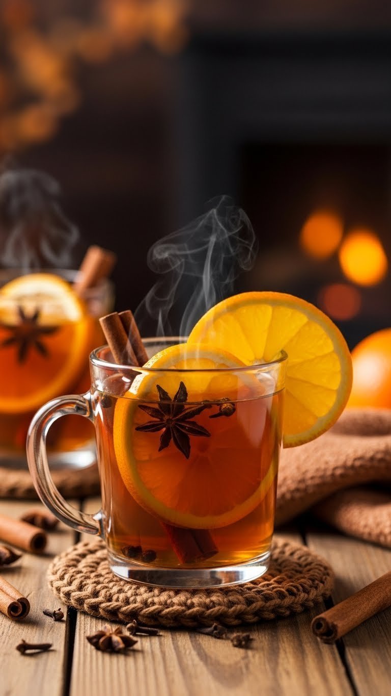 Rustic mug of warm spiced apple cider swizzle with cinnamon sticks, star anise, and orange slice garnishes in autumn setting