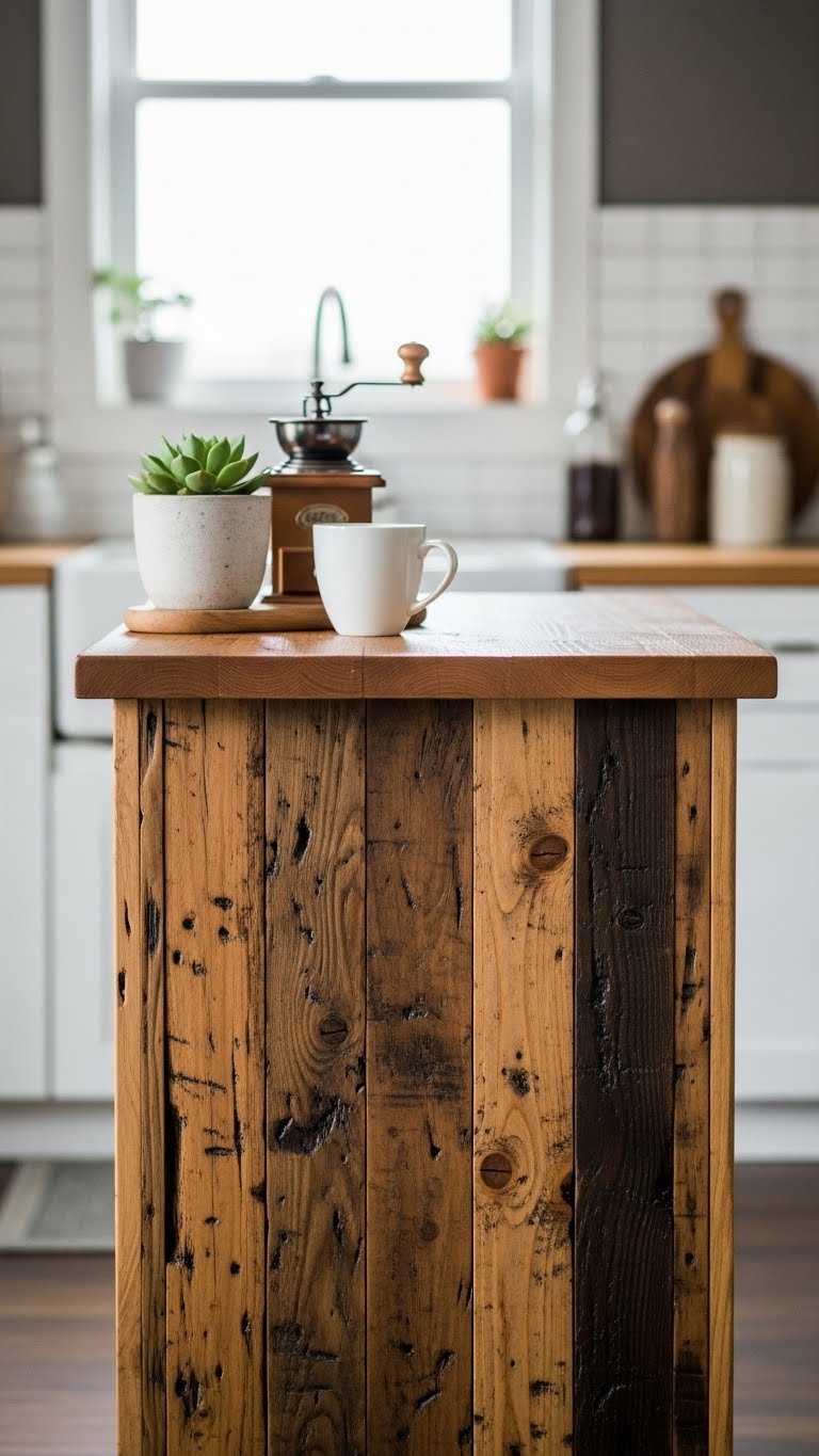 Rustic reclaimed wood coffee bar counter with textured planks, white ceramic mug, and vintage coffee grinder in soft natural lighting