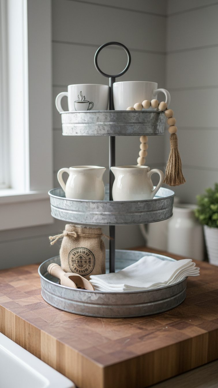 Rustic three-tiered galvanized metal tray coffee station with farmhouse pitchers and Rae Dunn mugs