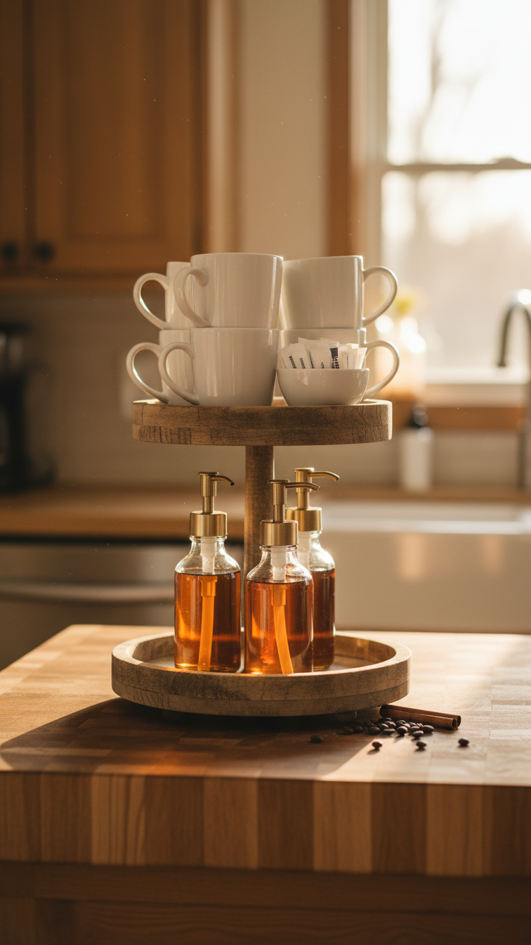 Rustic two-tiered wooden coffee stand with glass syrup bottles and white mugs on butcher block countertop