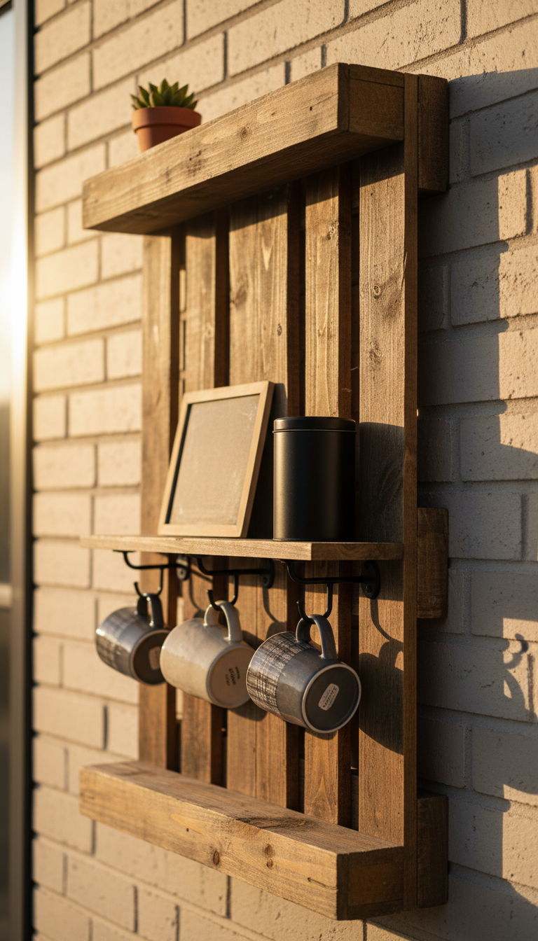 Rustic wall-mounted pallet coffee bar with mug holders and vintage accessories on textured brick wall