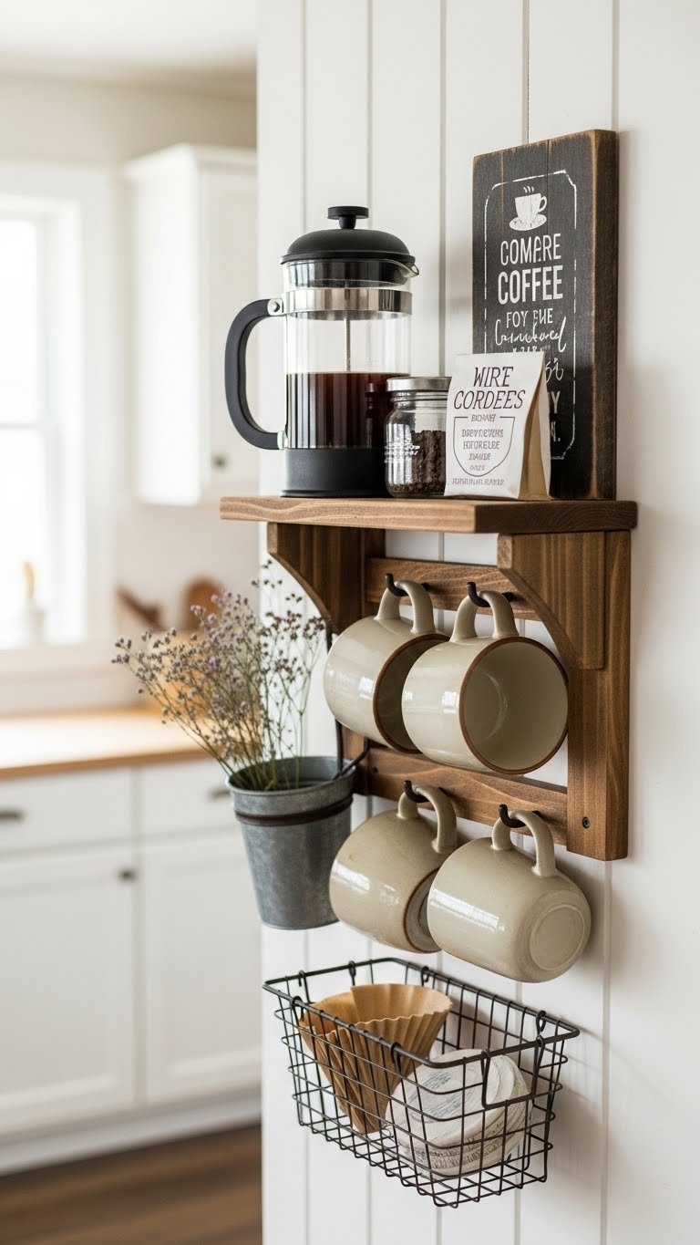 Rustic wall-mounted wooden station with French press, hanging ceramic mugs, and dried wildflowers for small space