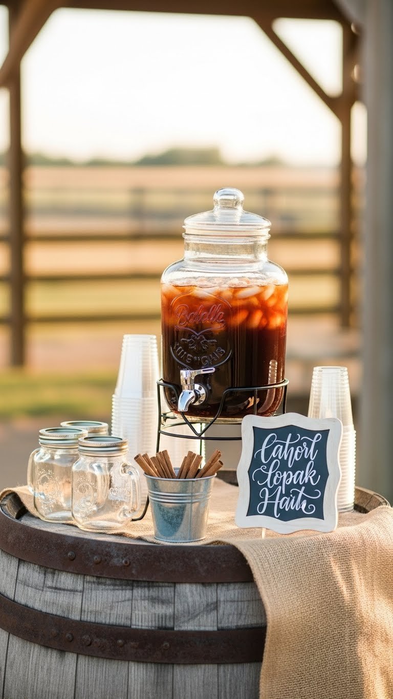 Rustic wedding coffee bar with glass drink dispenser of iced coffee on wooden barrel with mason jars and chalkboard sign