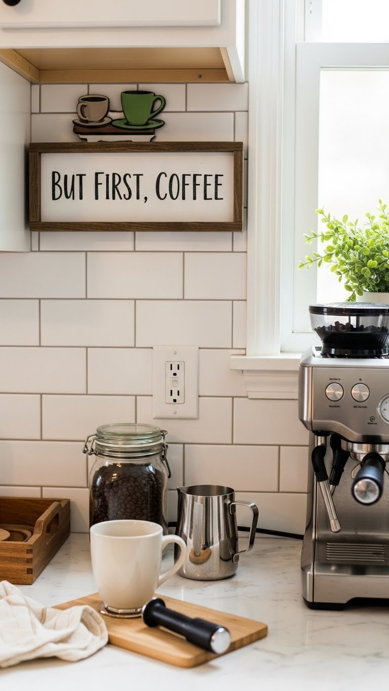 Rustic wood 'But First, Coffee' sign on white subway tile wall with steaming coffee mug and espresso machine in soft morning light