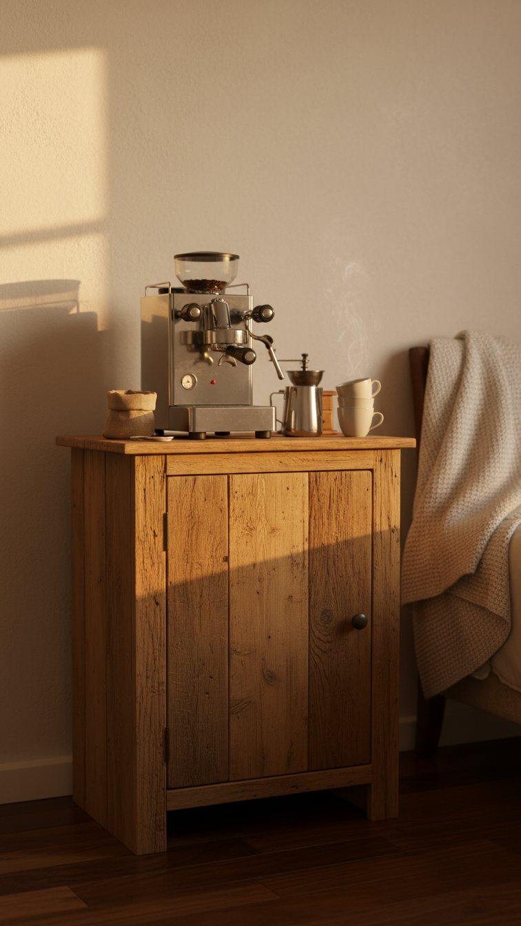 Rustic wood corner cabinet coffee station with espresso machine and ceramic cups in warm golden hour bedroom lighting