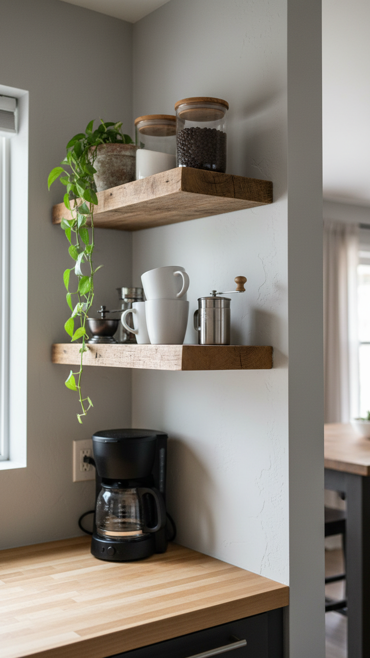 Rustic wood floating shelves in kitchen corner displaying organized coffee supplies with white mugs and green plant on gray wall