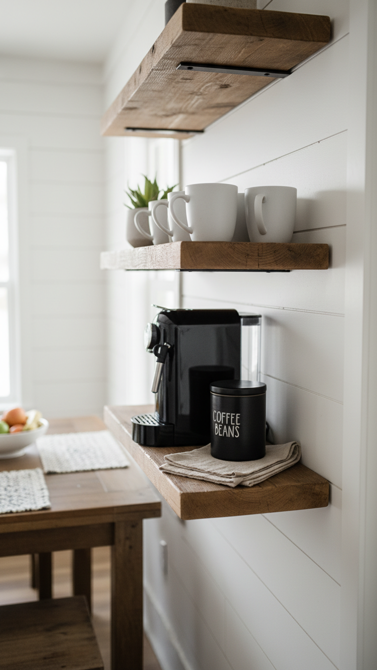 Rustic wood floating shelves with black espresso machine and white ceramic mugs on white shiplap wall in cozy breakfast nook