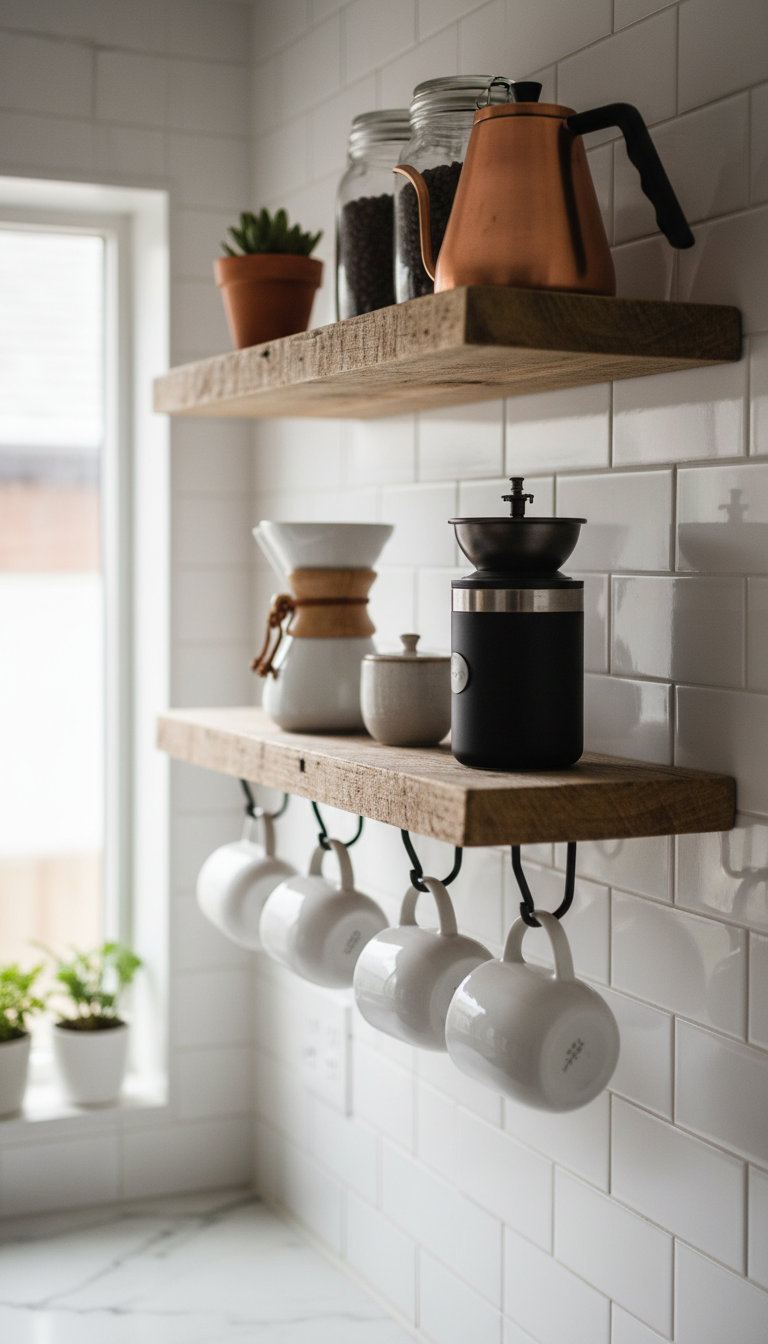 Rustic wood floating shelves with white ceramic mugs and coffee bar setup against white subway tile wall