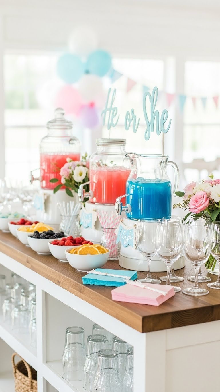 Rustic wooden bar cart with pink and blue drinks dispensers, fruit garnishes, and elegant glassware for gender reveal party