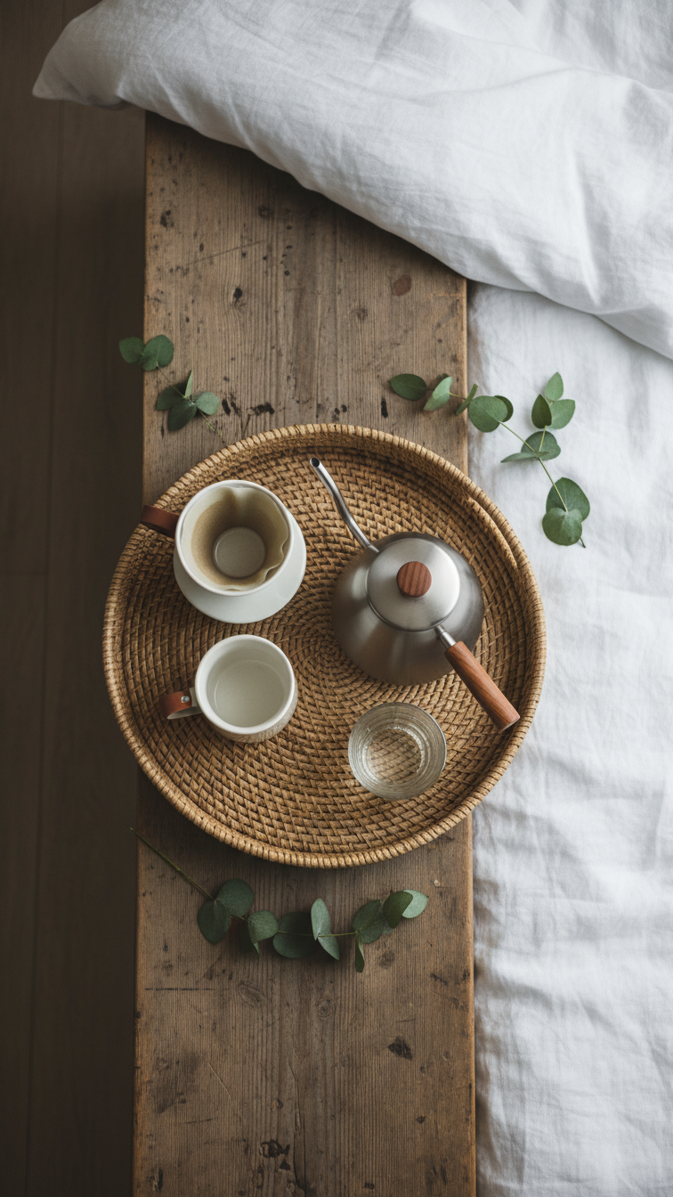 Rustic wooden bench coffee setup with pour-over dripper and ceramic mug on white linen bed background