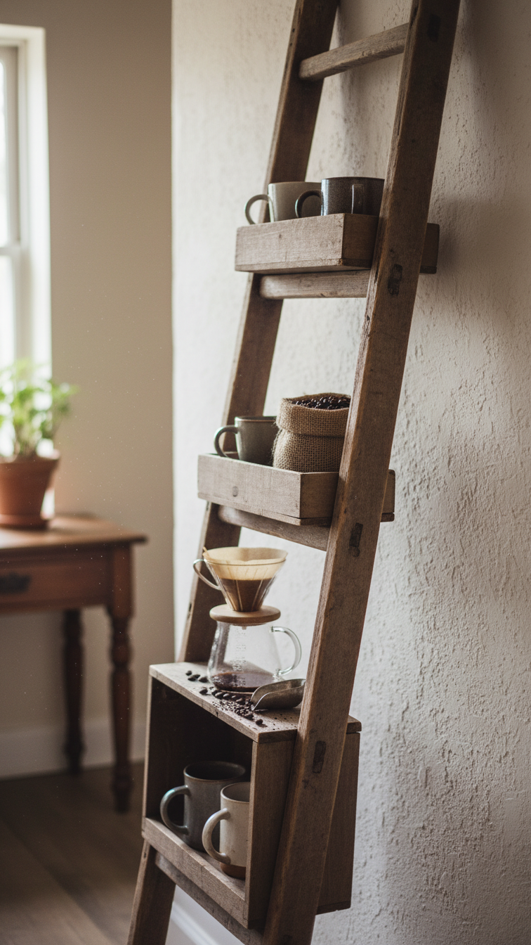Rustic wooden blanket ladder coffee station with custom boxes holding mugs and pour-over dripper