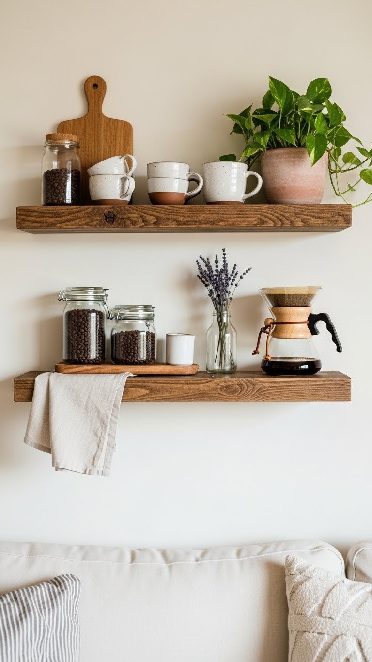 Rustic wooden floating shelves with ceramic mugs, glass jars of coffee beans, and pour-over coffee maker on warm-toned wall