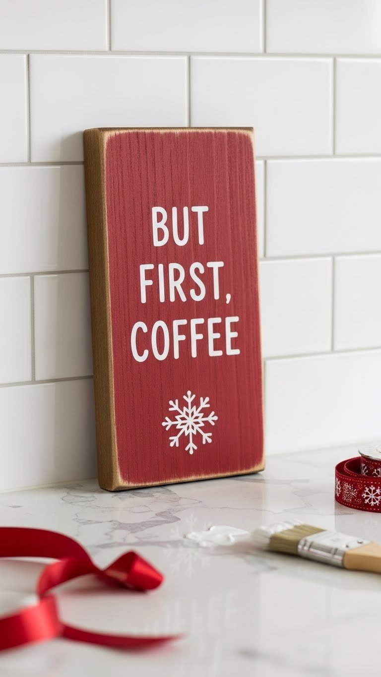 Rustic wooden sign leaning against white tile backsplash with paintbrush and festive ribbon on quartz countertop.