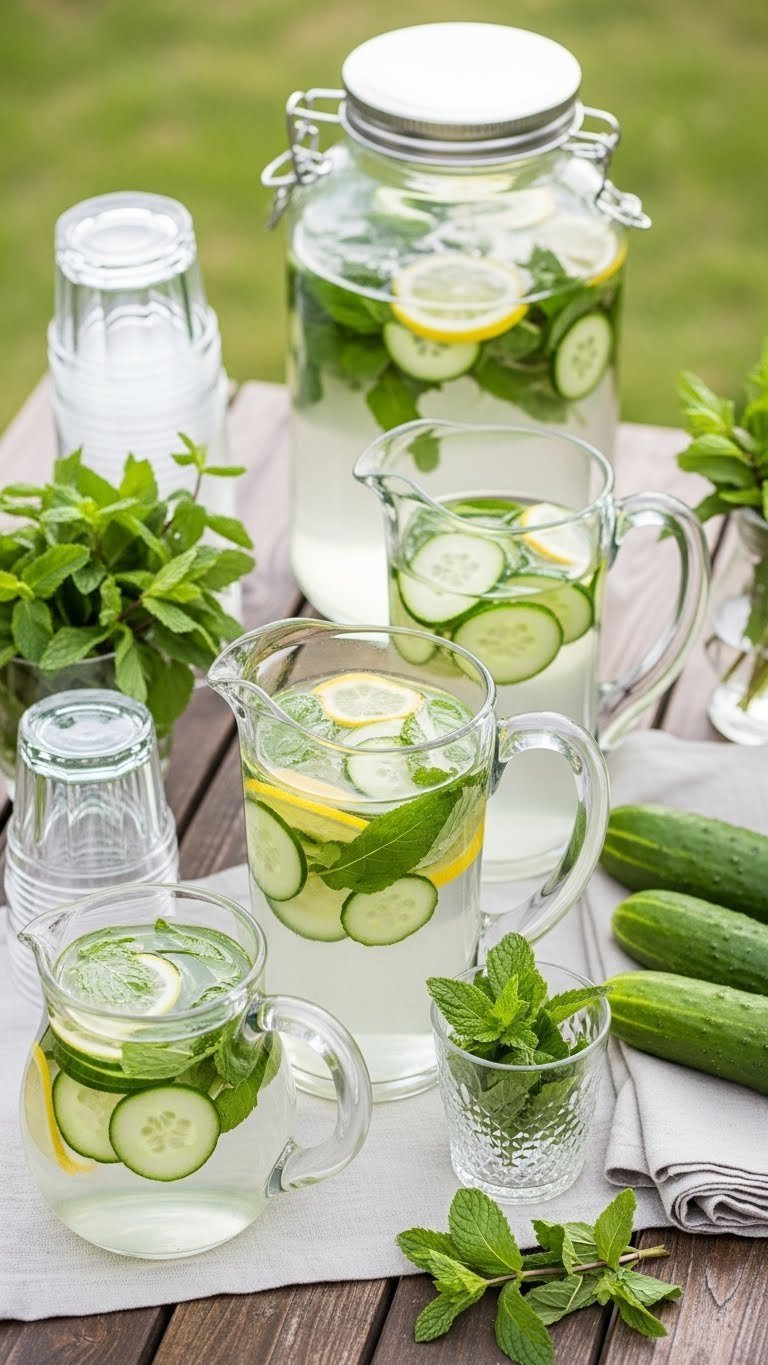 Rustic wooden table with multiple glass pitchers of cucumber mint infused water, fresh garnishes, and natural outdoor setting