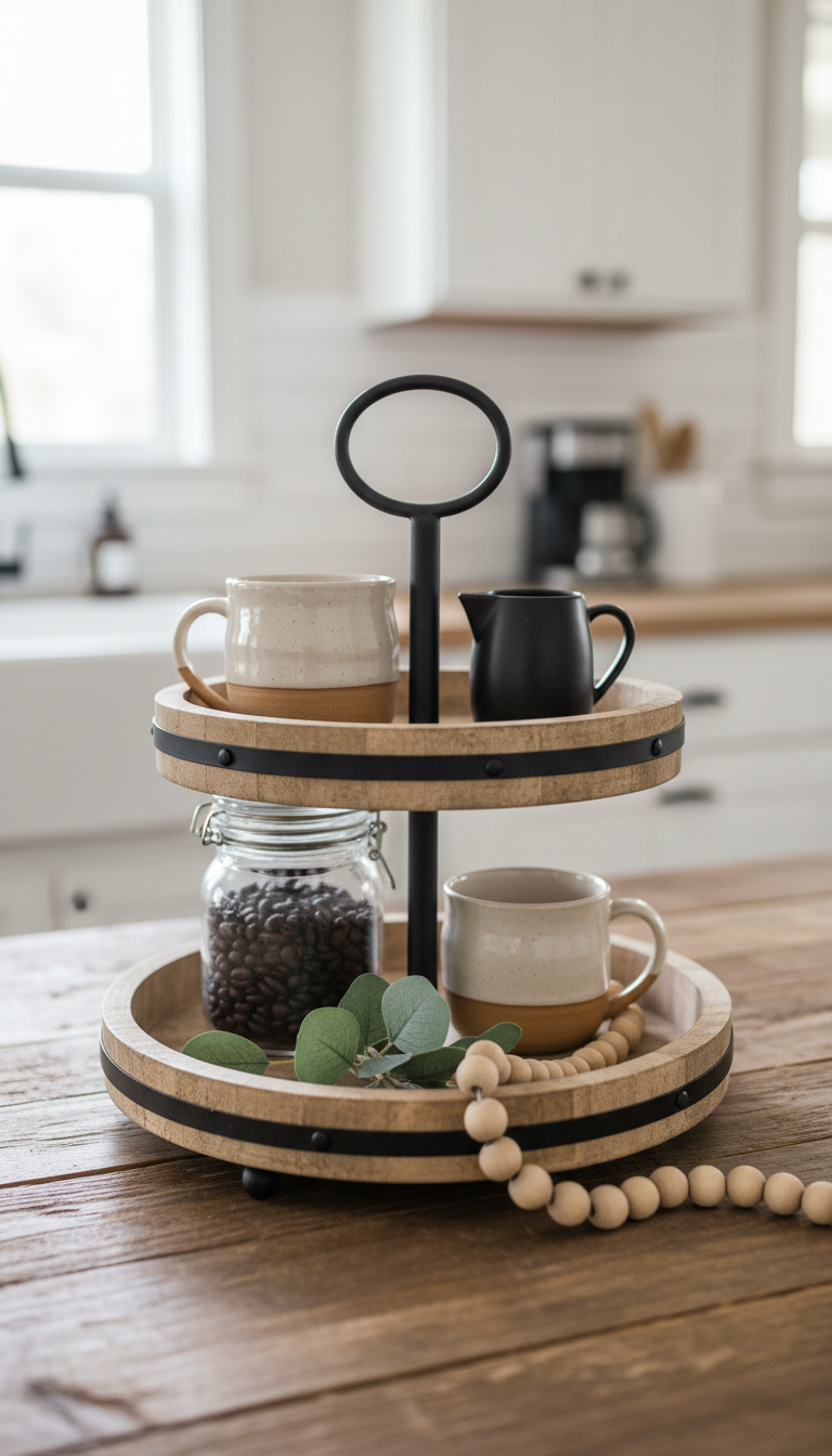 Rustic wooden tiered tray with ceramic coffee mugs and coffee beans on weathered table with soft natural lighting