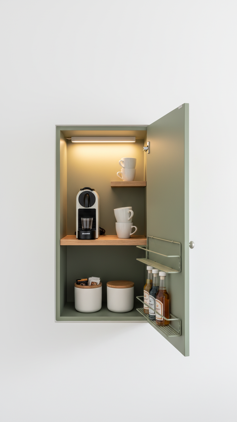 Sage green cabinet with open door revealing organized hidden coffee station with single-serve machine and syrup rack