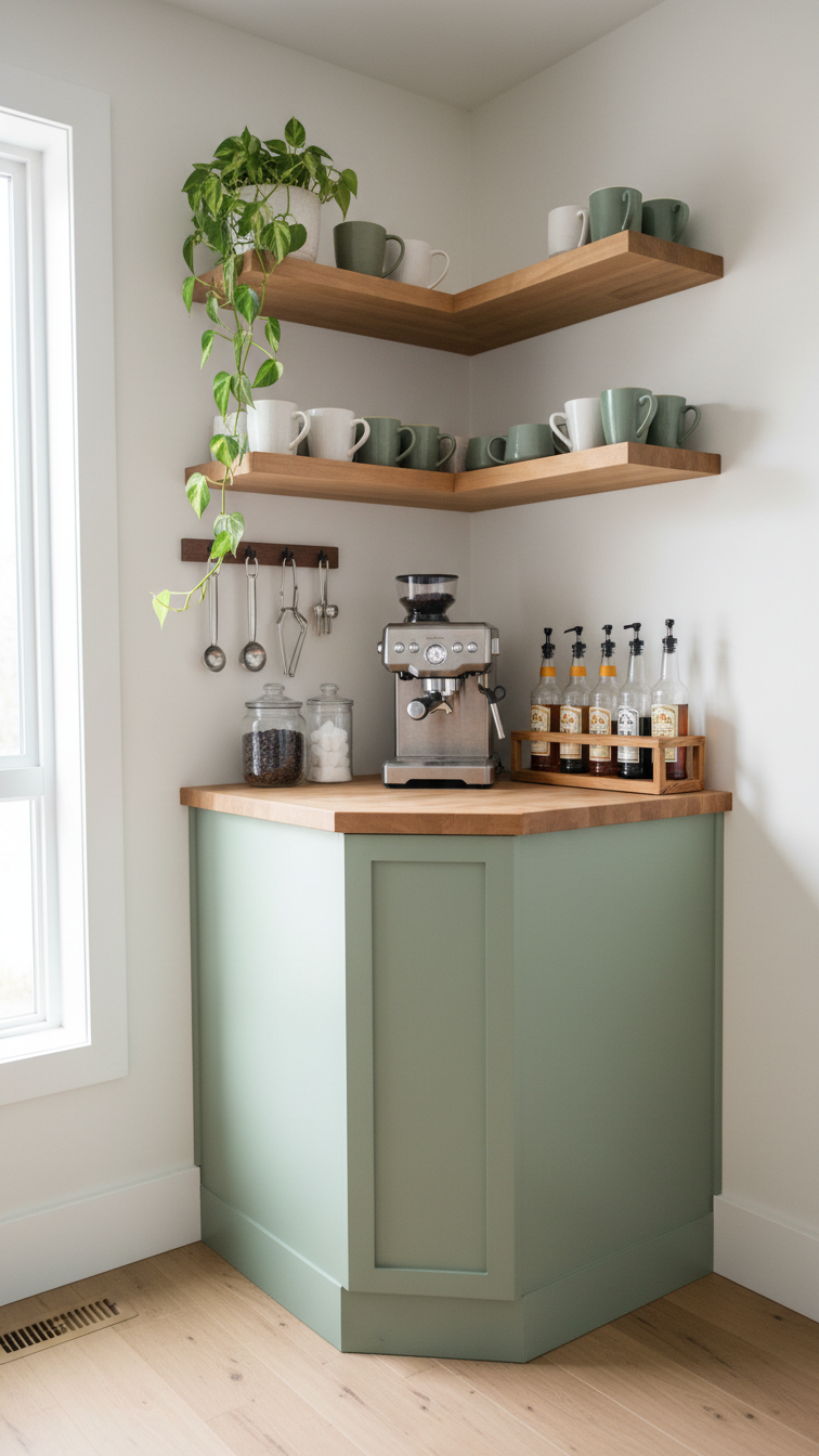 Sage green corner coffee pantry cabinet with floating shelves, compact espresso machine, and plants