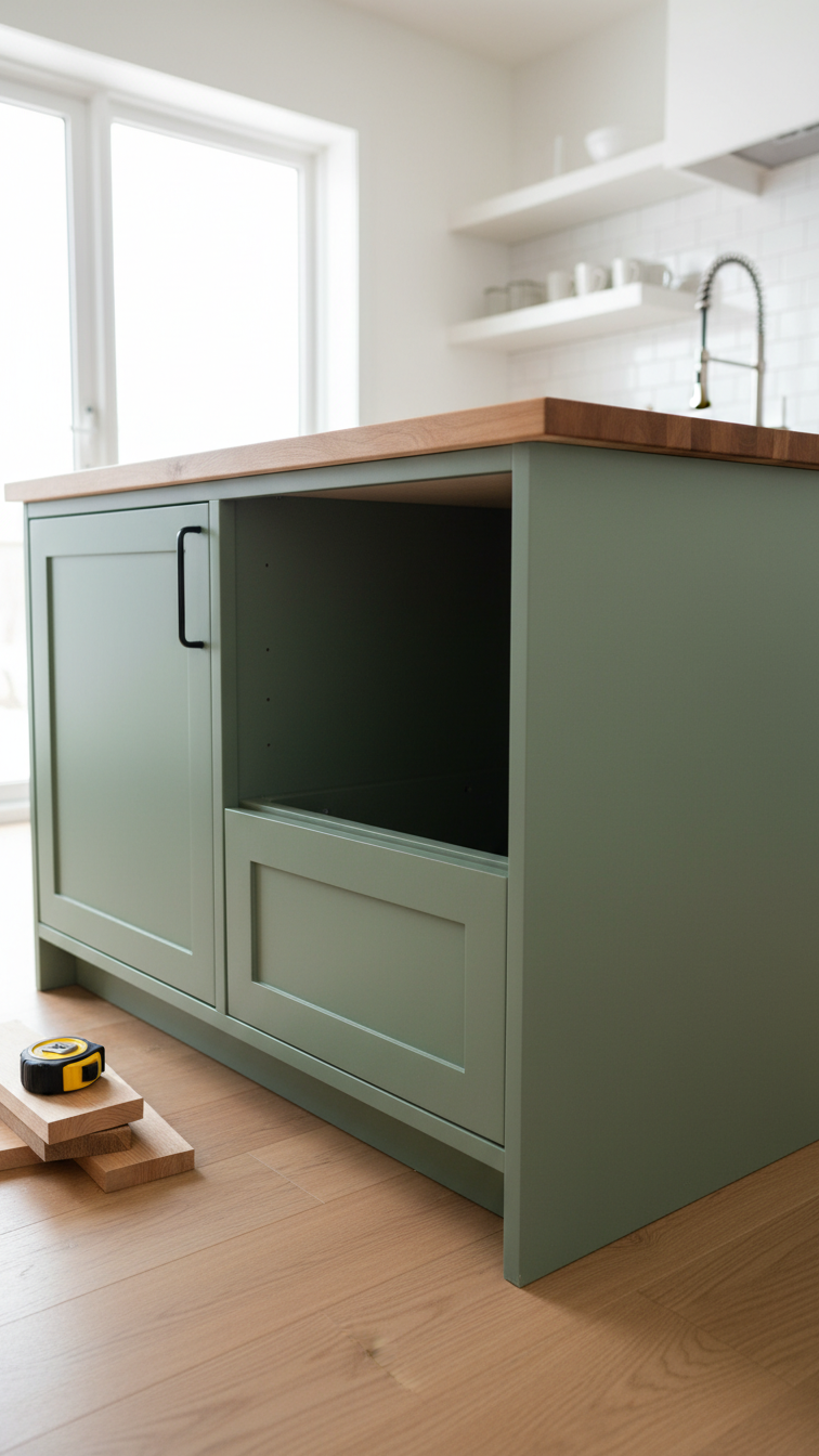 Sage green farmhouse coffee bar cabinet with butcher block countertop and open cubby for mini-fridge in bright kitchen