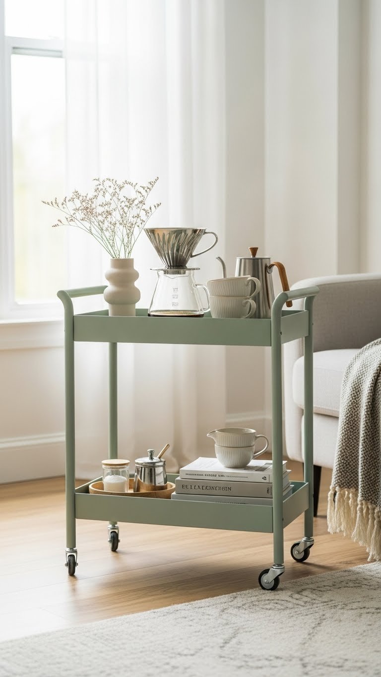 Sage green portable bar cart with pour-over coffee setup in sun-drenched living room corner