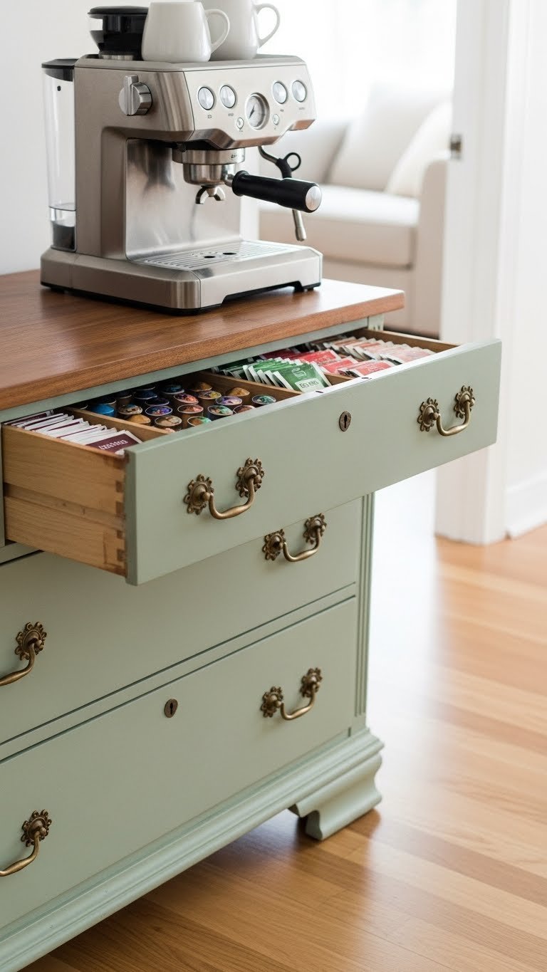 Sage green vintage dresser coffee bar with brass pulls, espresso machine, and organized coffee pods in soft natural light