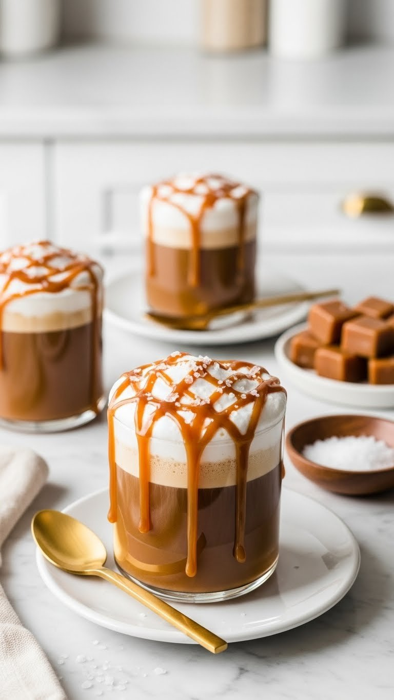 Salted caramel coffee with whipped cream, caramel drizzle, and sea salt crystals on marble countertop flat lay.