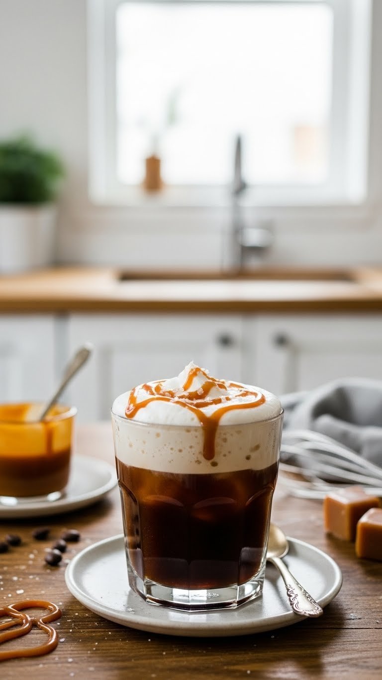 Salted caramel cold foam cold brew with thick caramel foam, drizzle, and flaky sea salt on rustic wooden table