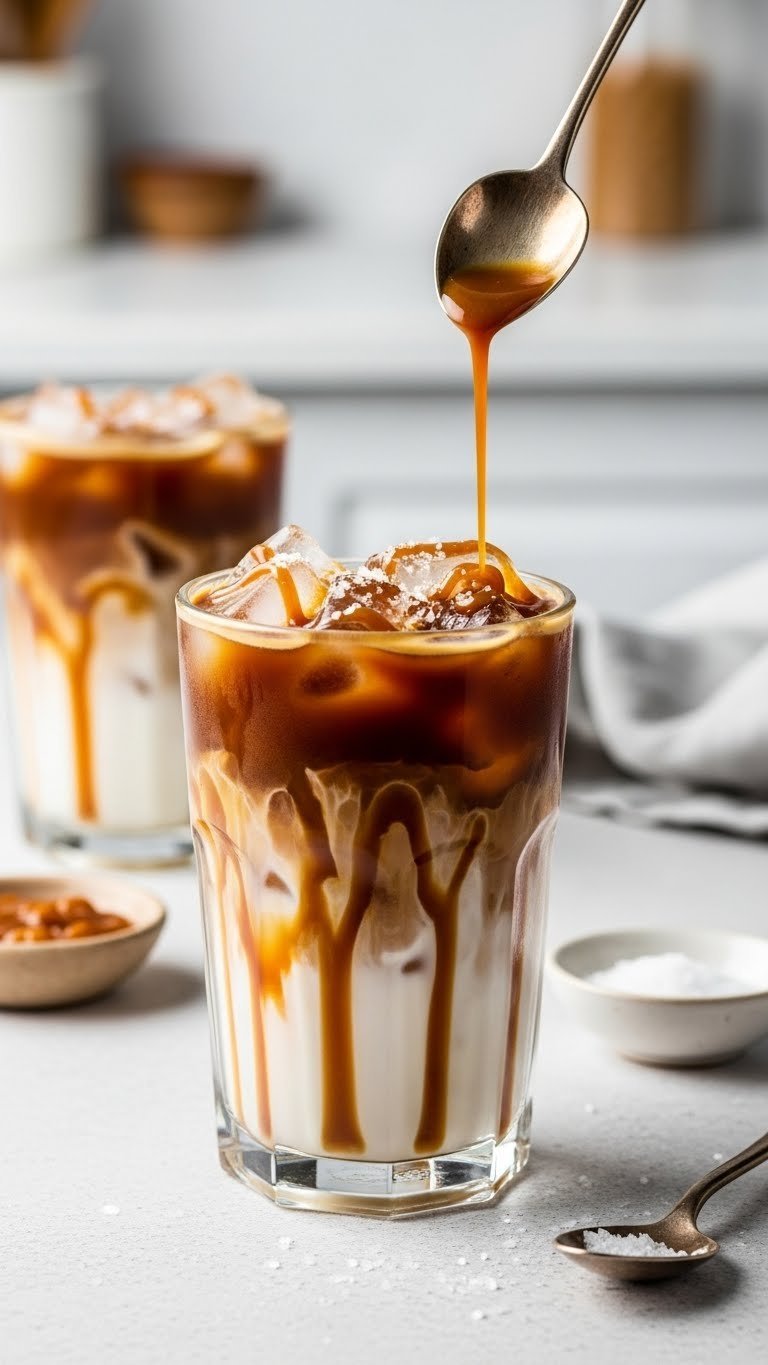 Salted caramel iced coffee with glistening caramel sauce and sea salt on light textured background.
