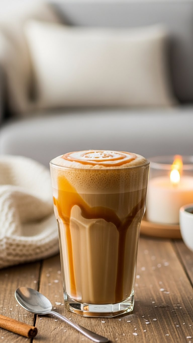Salted caramel protein coffee with golden caramel swirl and sea salt flakes on rustic wooden table in cozy living room