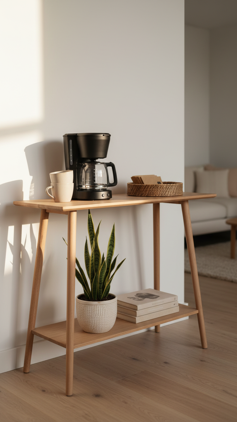 Scandinavian console table coffee bar with matte black drip machine, neutral mugs, and snake plant in living room setting.