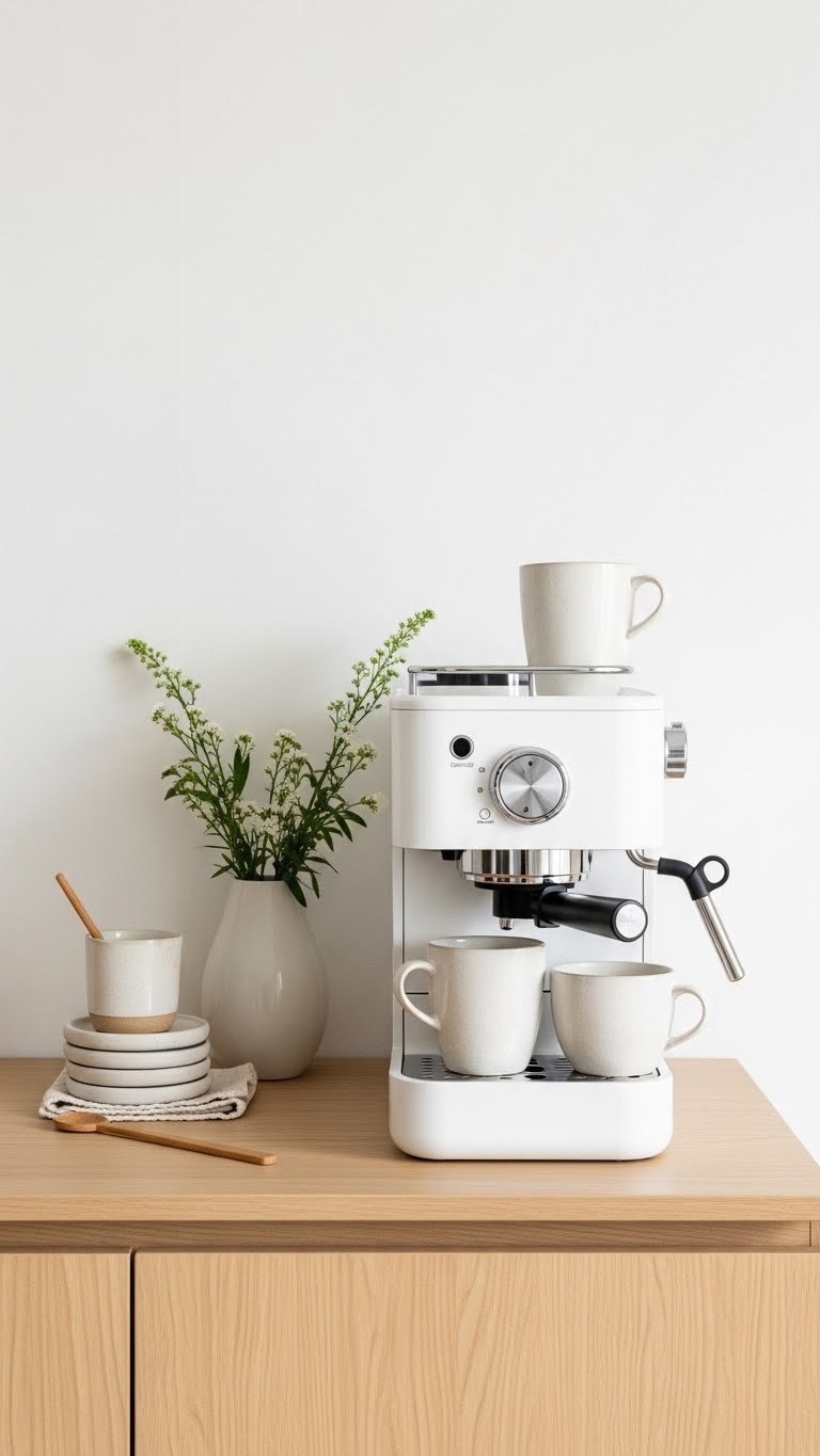 Scandinavian-inspired brew station with light wood cabinet, white coffee machine, and minimalist ceramic mugs
