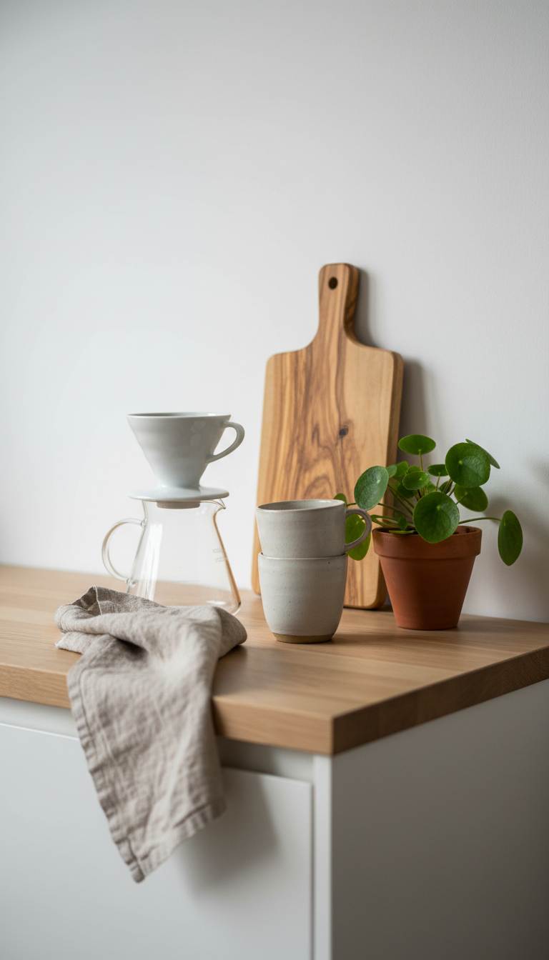 Scandinavian-inspired coffee bar with white pour-over dripper, olive wood cutting board, and terracotta plant on light oak counter.