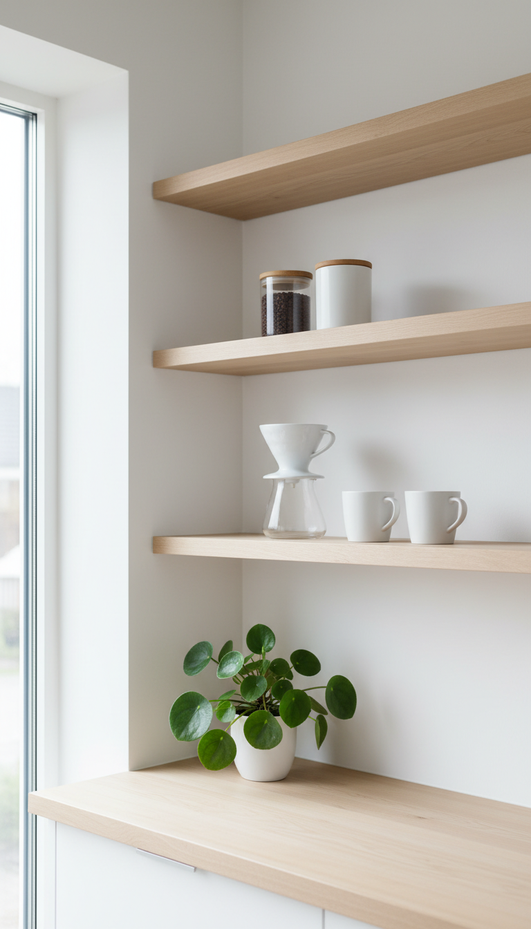 Scandinavian-style coffee area with light birch floating shelves on white wall, featuring minimalist white ceramic canisters and pour-over set