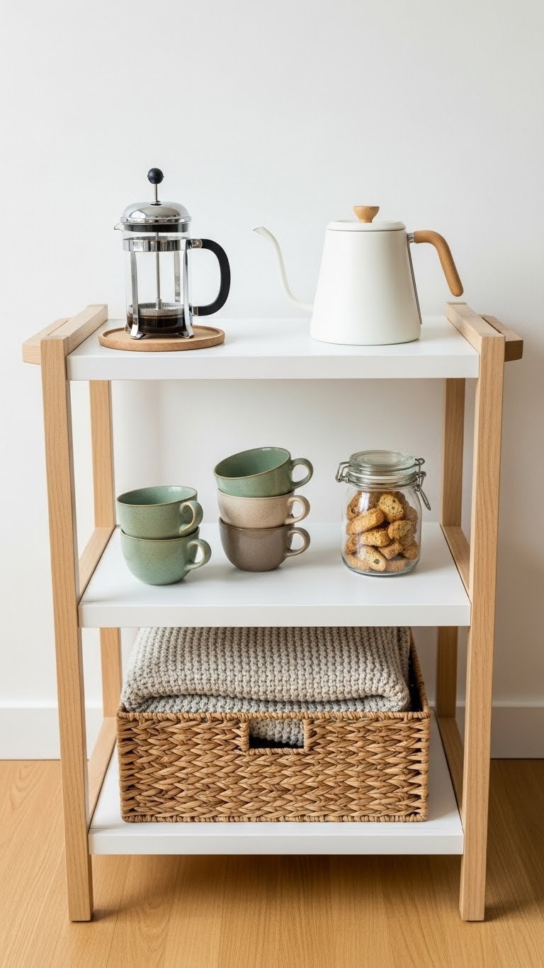 Scandinavian-style coffee trolley with light wood and white shelves, French press, handleless ceramic cups, and knit blanket.