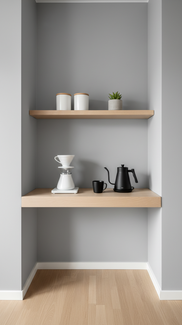Scandinavian wall-mounted floating desk coffee bar with birch wood and minimalist pour-over setup