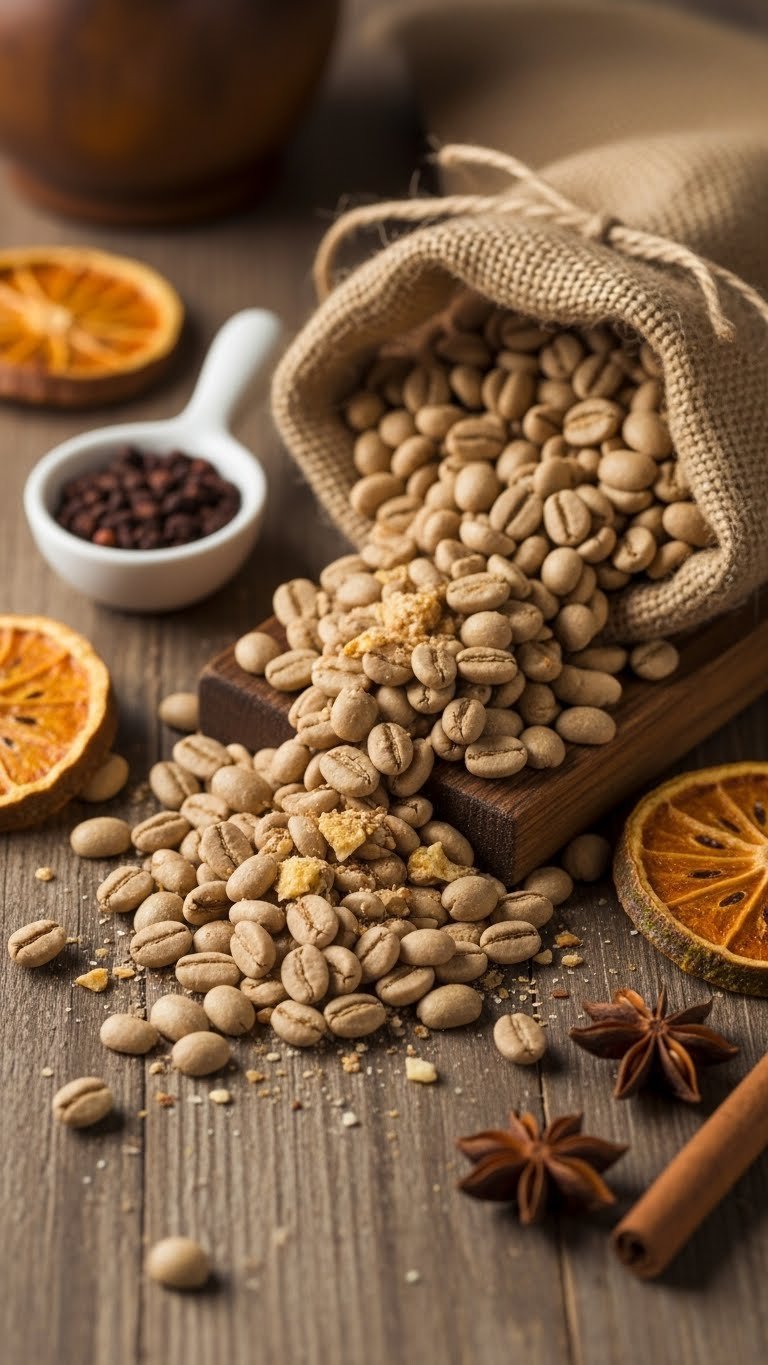 Scattered tropical flavored coffee beans with dried coconut flakes on rustic wooden table