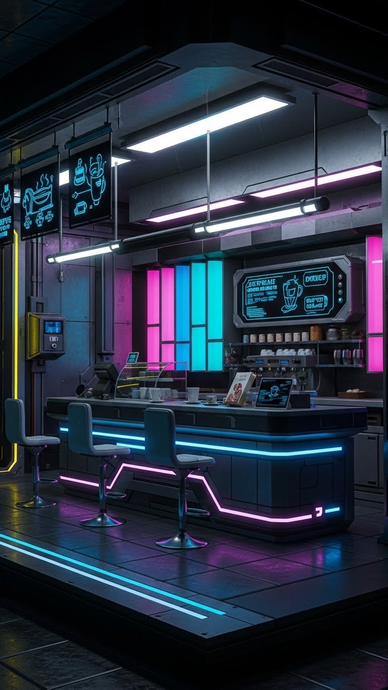 Sci-fi cyberpunk coffee pod in Minecraft with neon lighting, metallic textures, and futuristic glowing accents