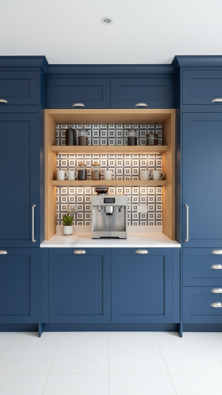Seamless built-in coffee bar hutch integrated with modern kitchen cabinetry and high-end espresso machine