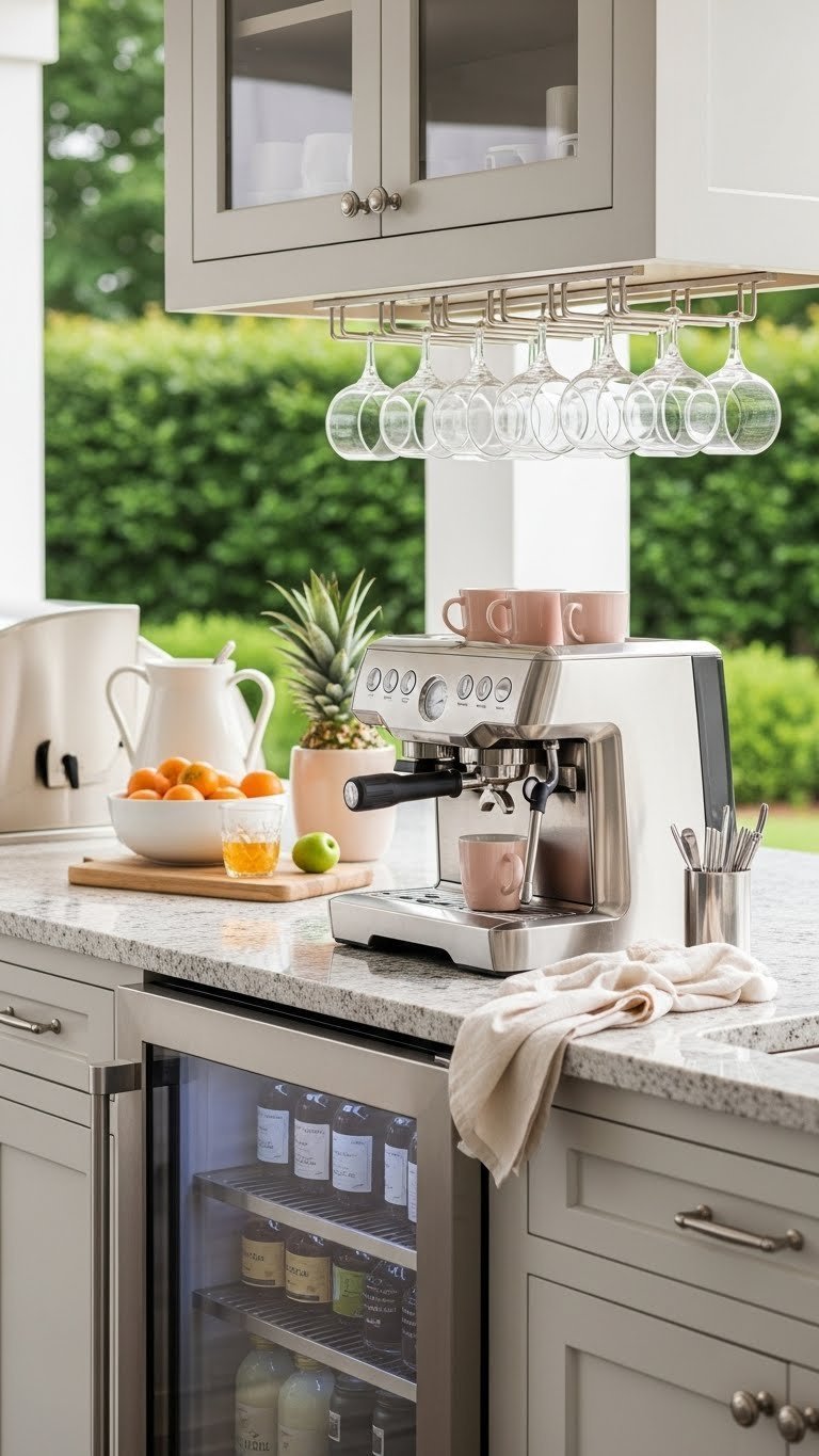 Seamless built-in patio coffee bar with granite countertop and professional espresso machine integrated into outdoor kitchen design.
