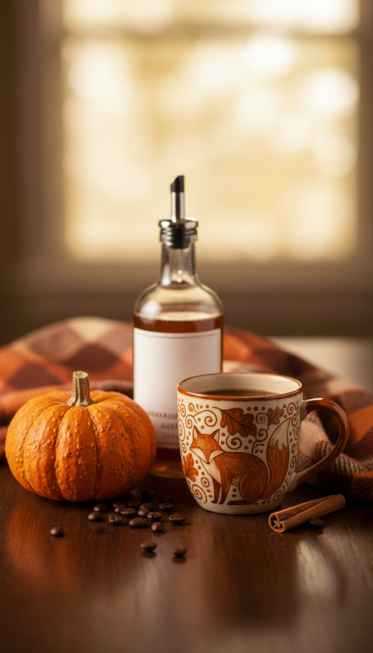 Seasonal autumn coffee bar with pumpkin spice syrup and fall-themed mug decor