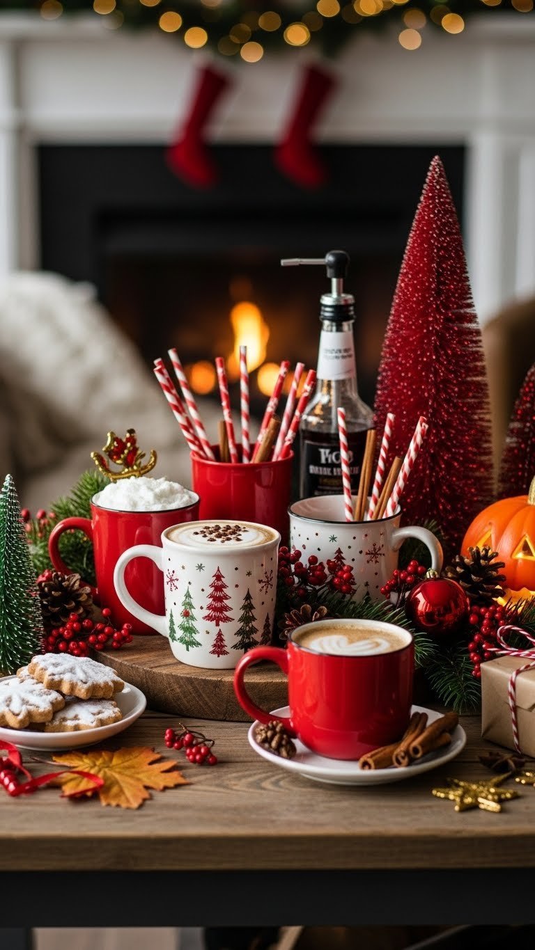 Seasonal holiday coffee bar with festive bakers rack decorated for Christmas with ornaments and string lights