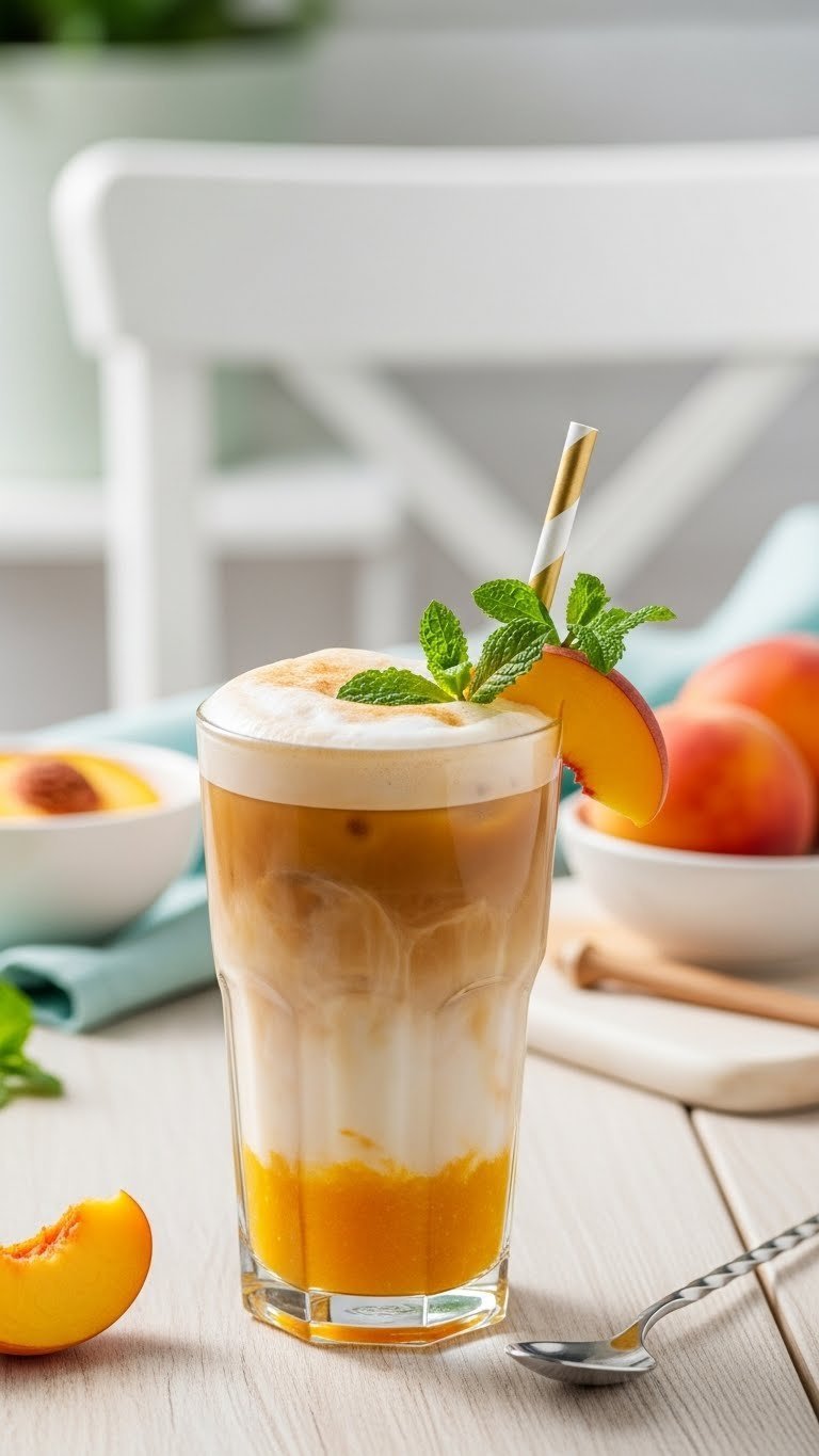 Seasonal peach iced latte with golden peach puree layers, frothy milk, and fresh peach slice garnish
