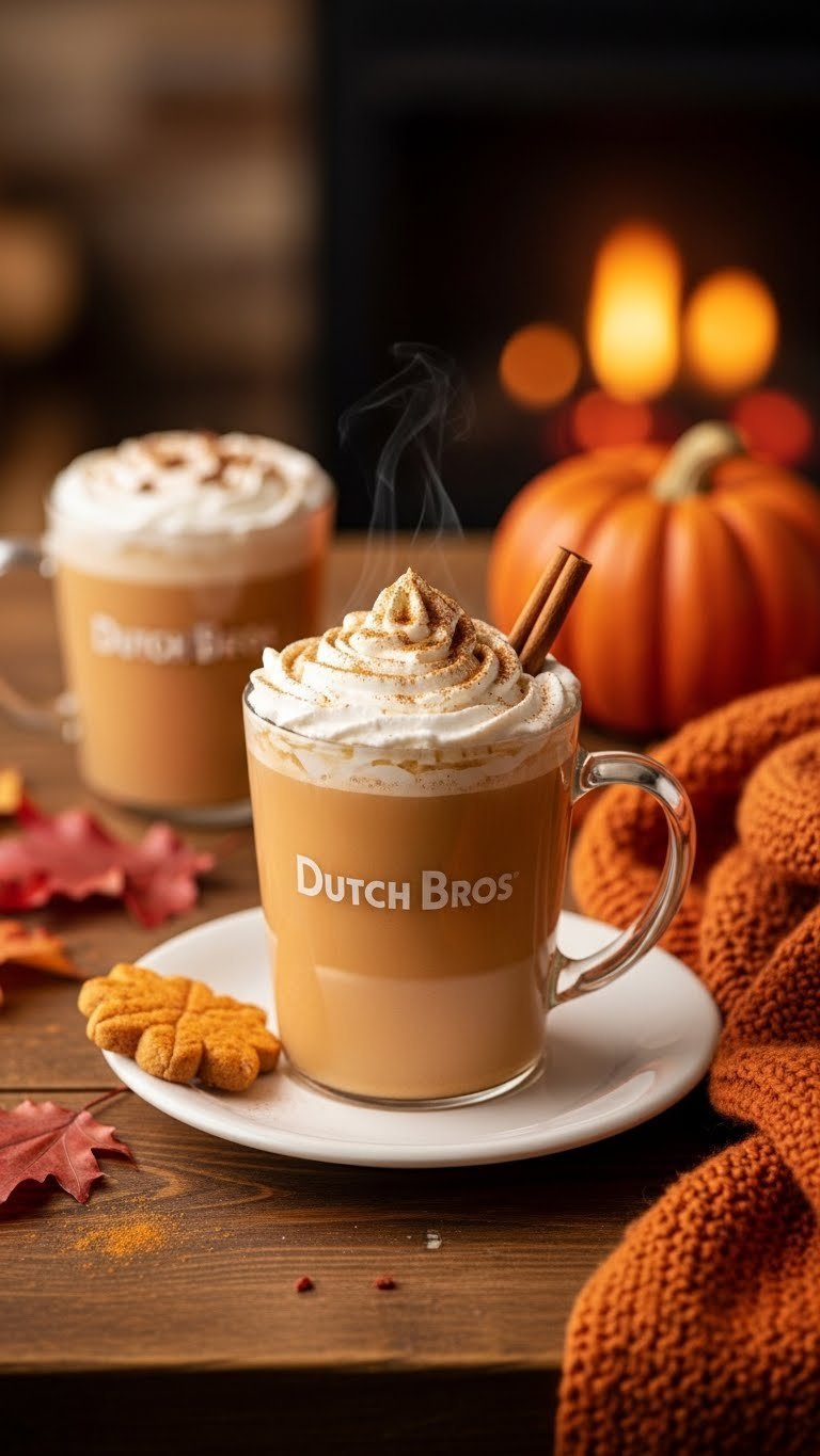 Seasonal pumpkin-spiced latte Dutch Bros drink with whipped cream and cinnamon dusting in cozy autumn setting