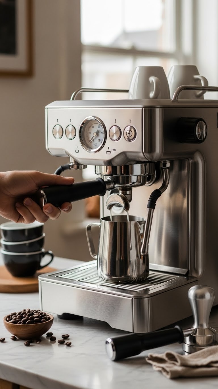 Coffee Bar Espresso Machines: Your Definitive Guide to Perfect Shots 1 Semi-automatic espresso machine with pressure gauge and steam wand frothing milk on marble countertop with coffee beans