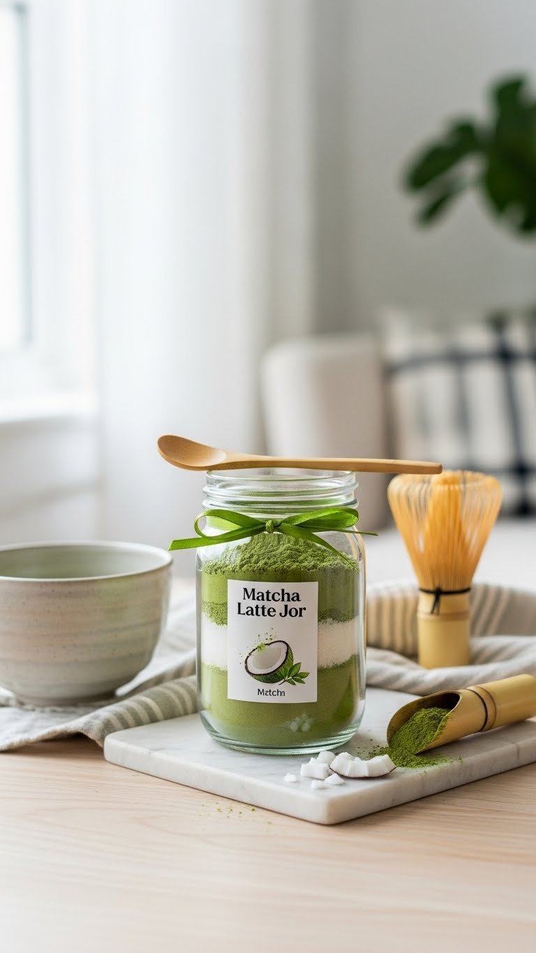 Serene Matcha Latte Mix jar with vibrant green matcha powder and coconut sugar on minimalist wooden surface