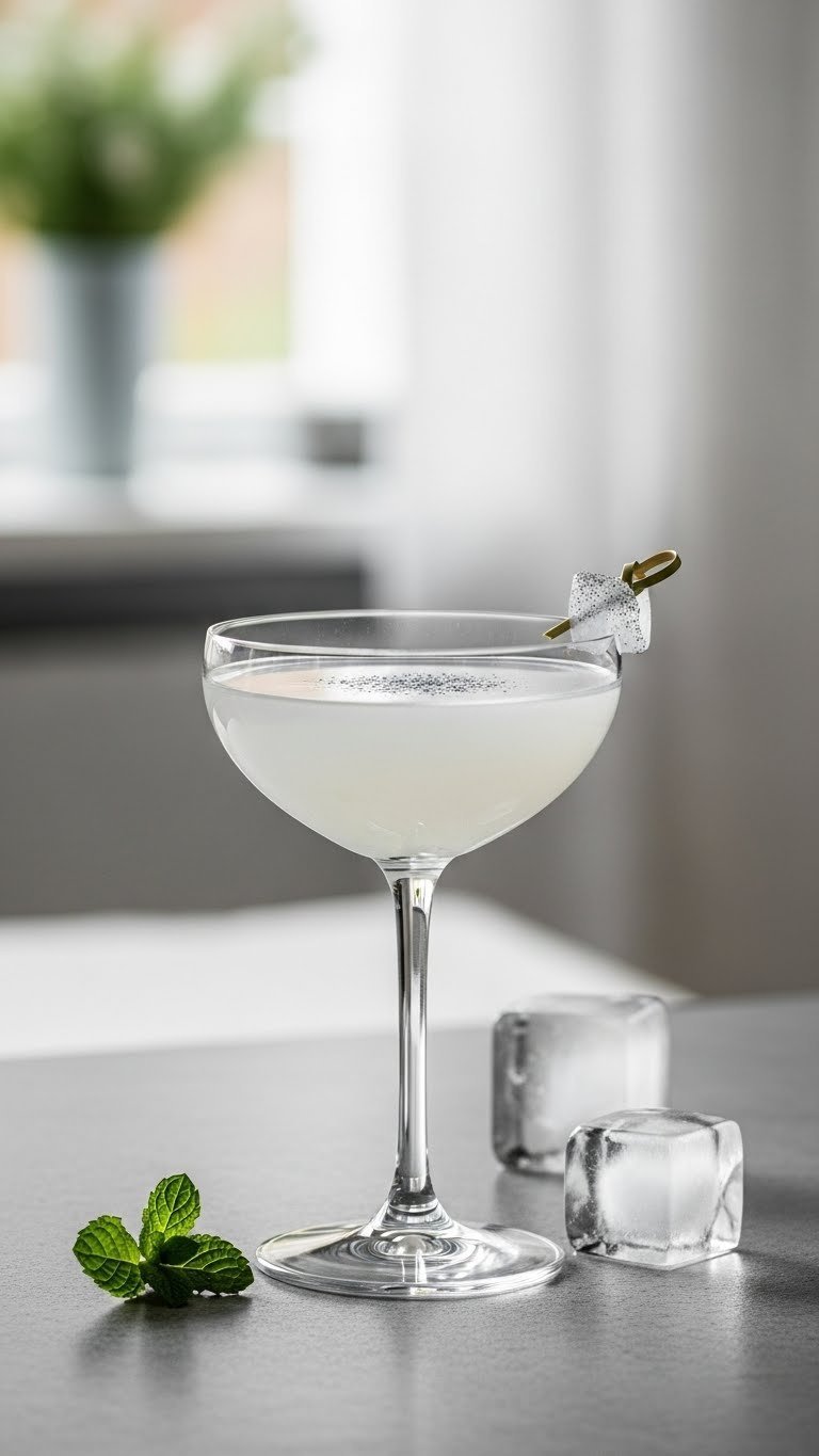 Serene eye-level shot of ethereal silver-grey Goku's Ultra Instinct Elixir in elegant coupe glass on stone surface