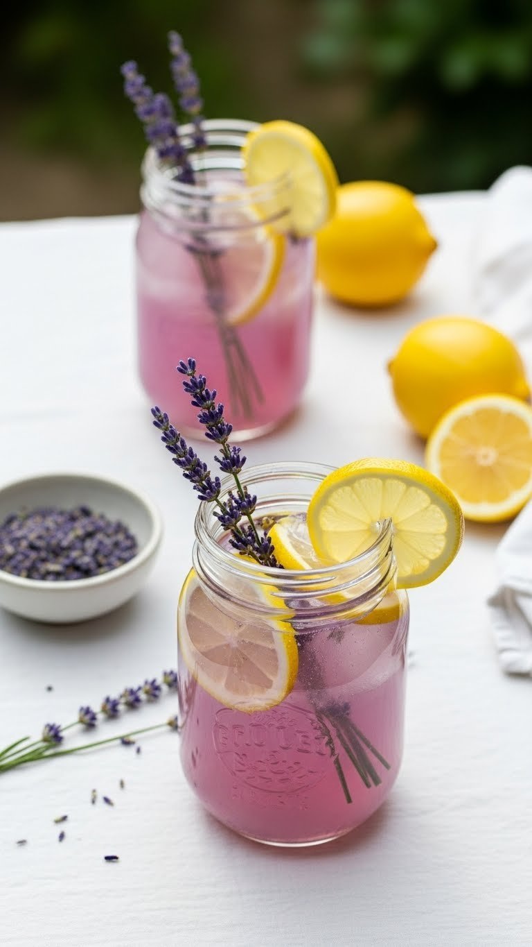 Serene lavender lemonade elixir in mason jar with pale purple hue, fresh lavender sprigs, and lemon slices