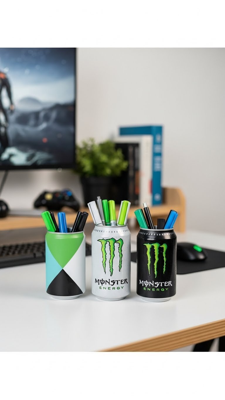 Set of painted Monster Energy cans repurposed as desk organizers holding pens and gaming accessories on modern wooden desk.