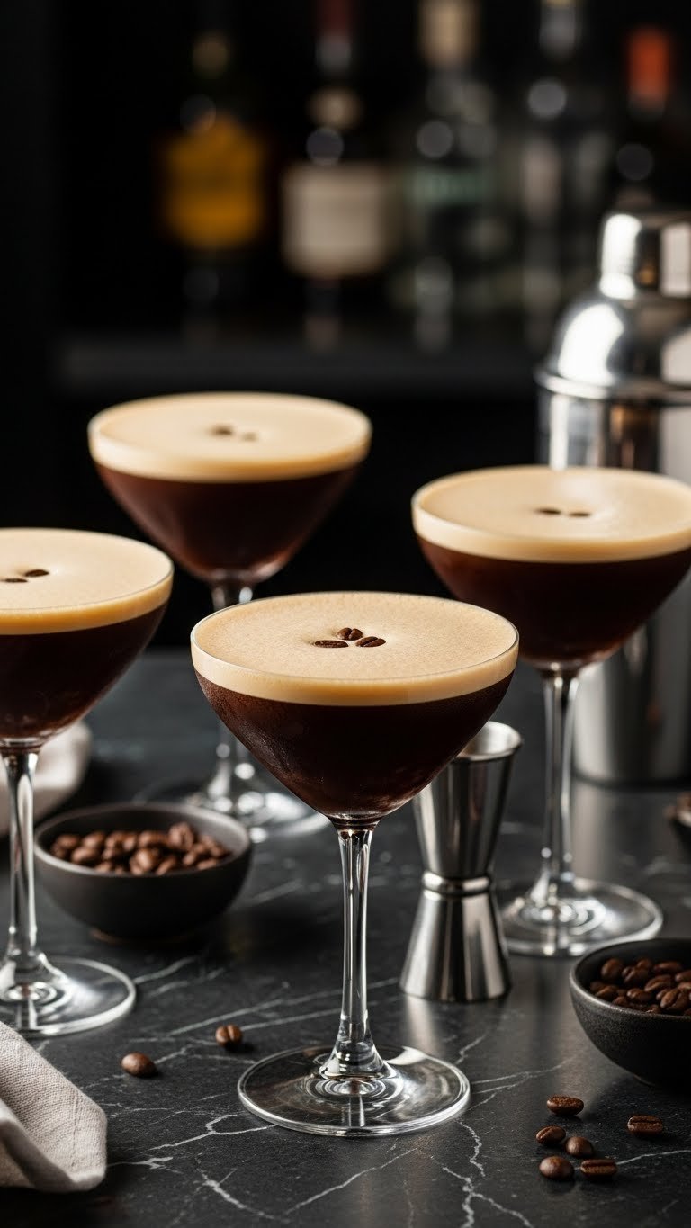Several espresso martinis in chilled glasses with creamy foam tops and coffee bean garnish on dark marble bar