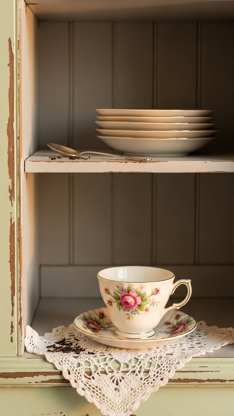 Shabby chic mint green armoire coffee bar with distressed finish and vintage floral teacup on lace doily.