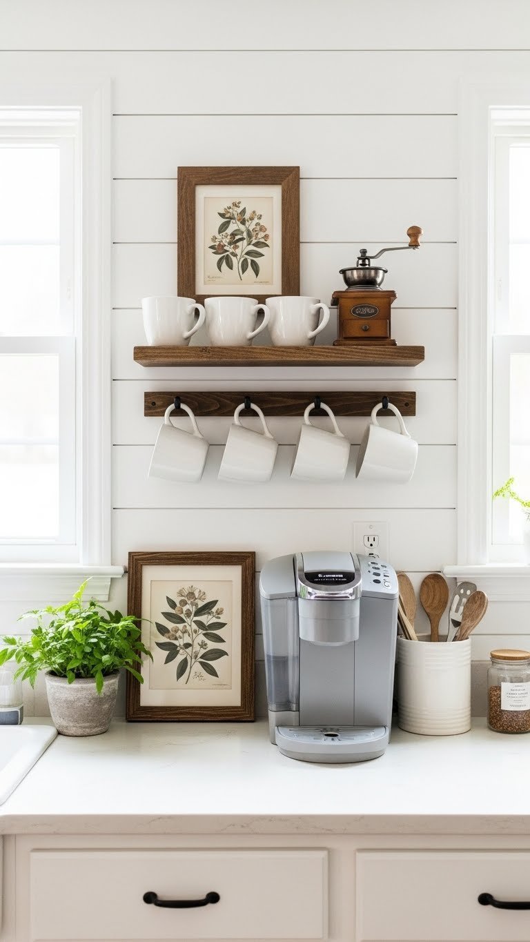 Shiplap-backed coffee nook with rustic shelf holding ceramic mugs and vintage coffee grinder
